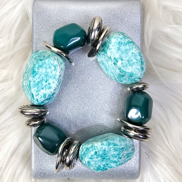Paparazzi Accessories Chunky Stretch Bracelet Teal Green Silver Tone Brand New - Picture 3 of 4
